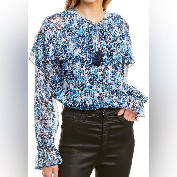NWT Ramy Brook Celeste Blue Floral Printed Tassel Ruffle Sheer Blouse Size Small - Picture 1 of 11